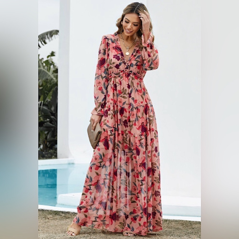 NEW Coral Red And Green Floral Long Sleeve Sheer Overlay Ruffle Maxi Dress